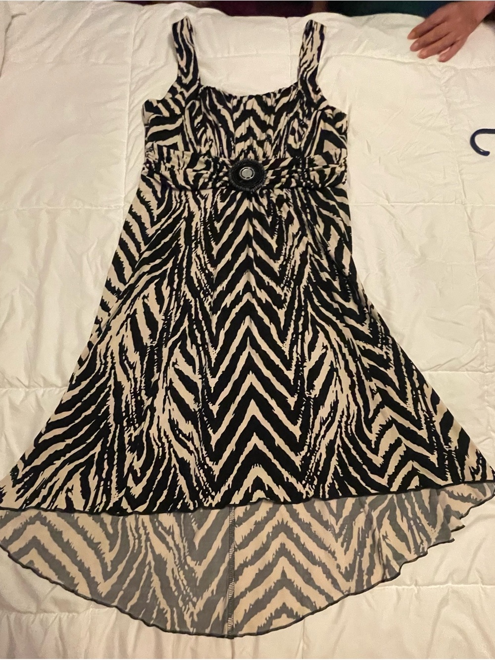 Enfocus Studio Black and Cream High-Low Zebra Dress